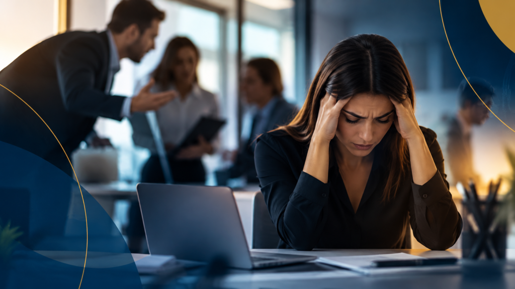 Colaboradora demonstrando sofrimento emocional diante de uma situação de assédio moral no trabalho, com conflitos entre profissionais ao fundo.